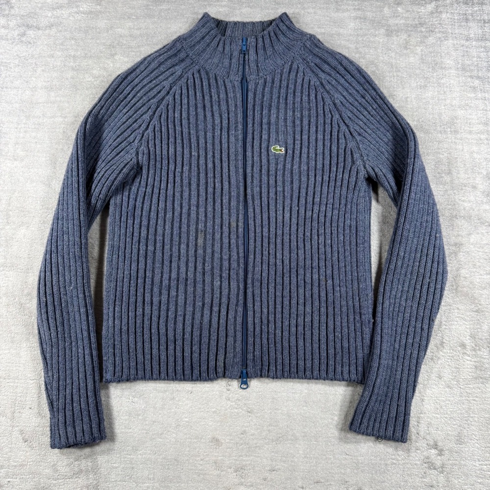 Lacoste Sweater Womens 38 Blue Wool Full Zip Cardigan Ribbed Mock Neck Logo